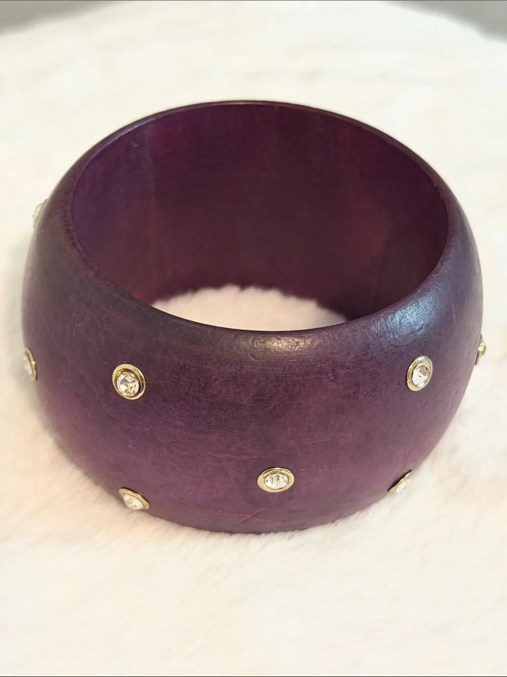 Purple Wide Dome Wooden Bangle Bracelet with Crystal Accents - Picture 3 of 5